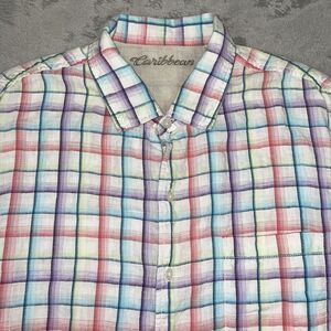 Caribbean Mens Linen Shirt Button Down Long Sleeve XL Plaid Colorful‎ EUC